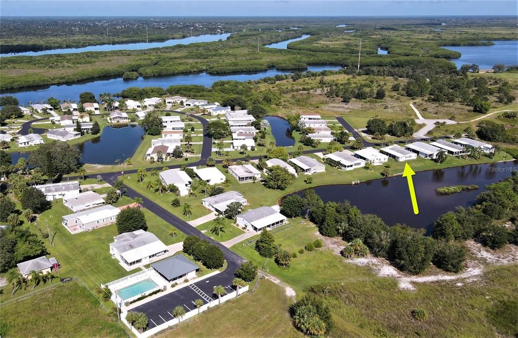 Community aerial level view and pool area