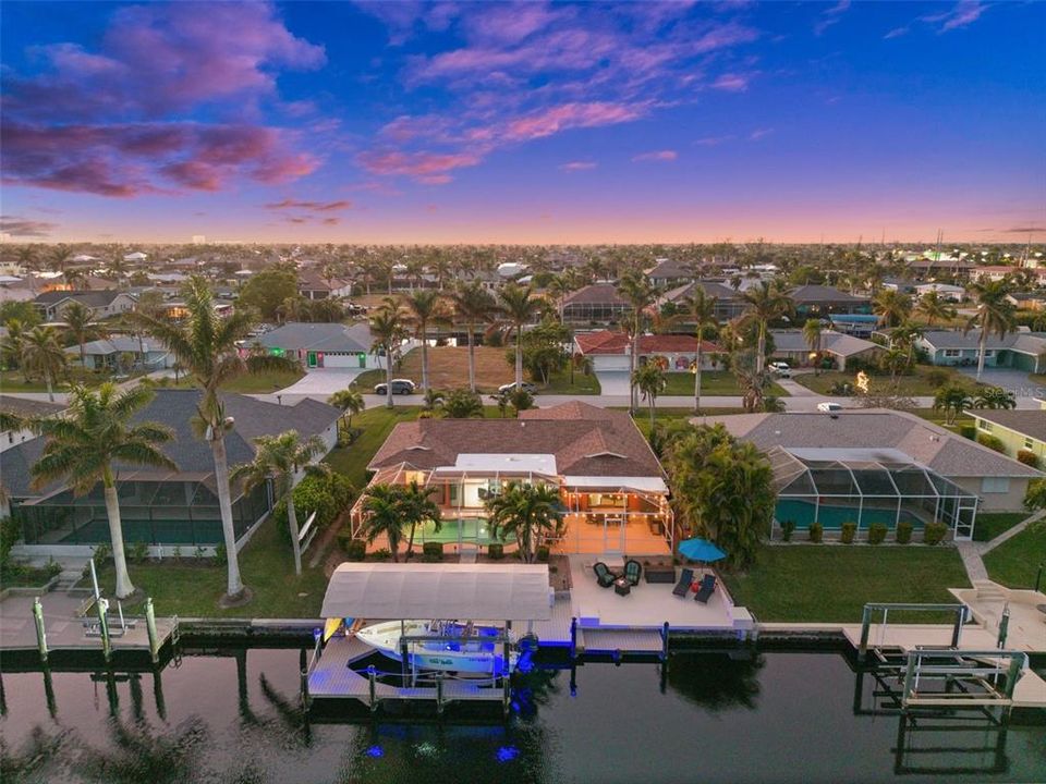 Aerial View of the back of the house in the evening.