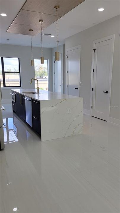 quartz counters with waterfall