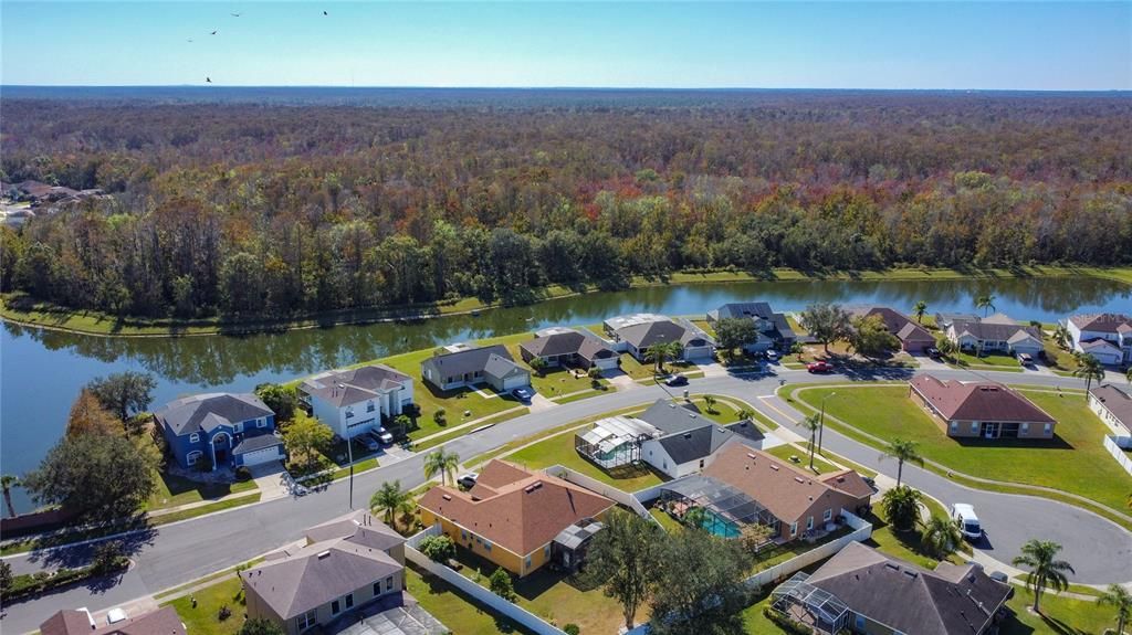 An aerial view of the home showing no rear neighbors (except for wildlife).