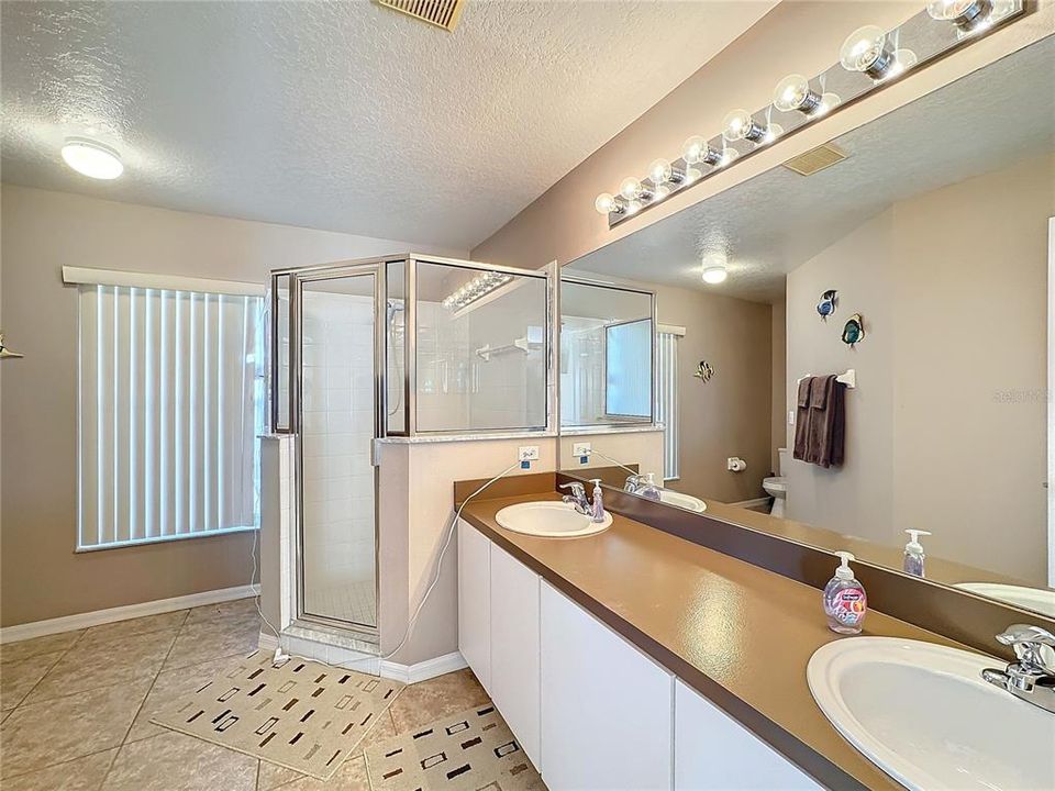 The bathroom has 2 sinks and plenty of counterspace with a shower stall.