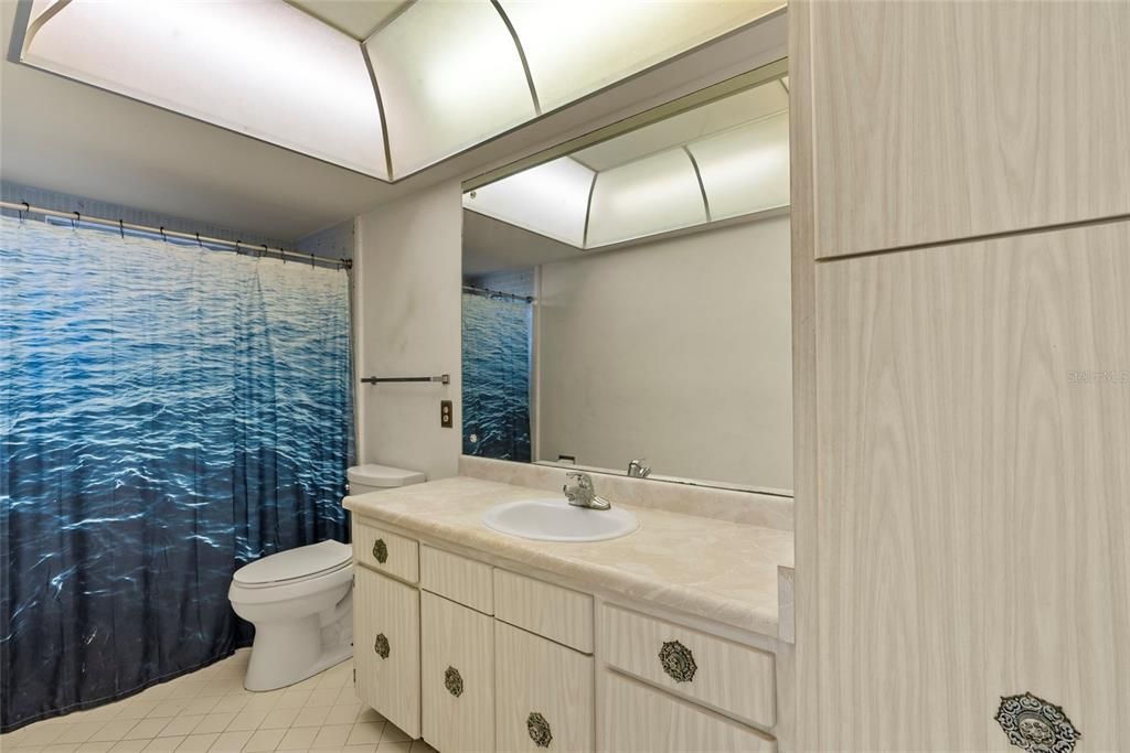 Guest bathroom. Lots of storage along side a shower/tub combo