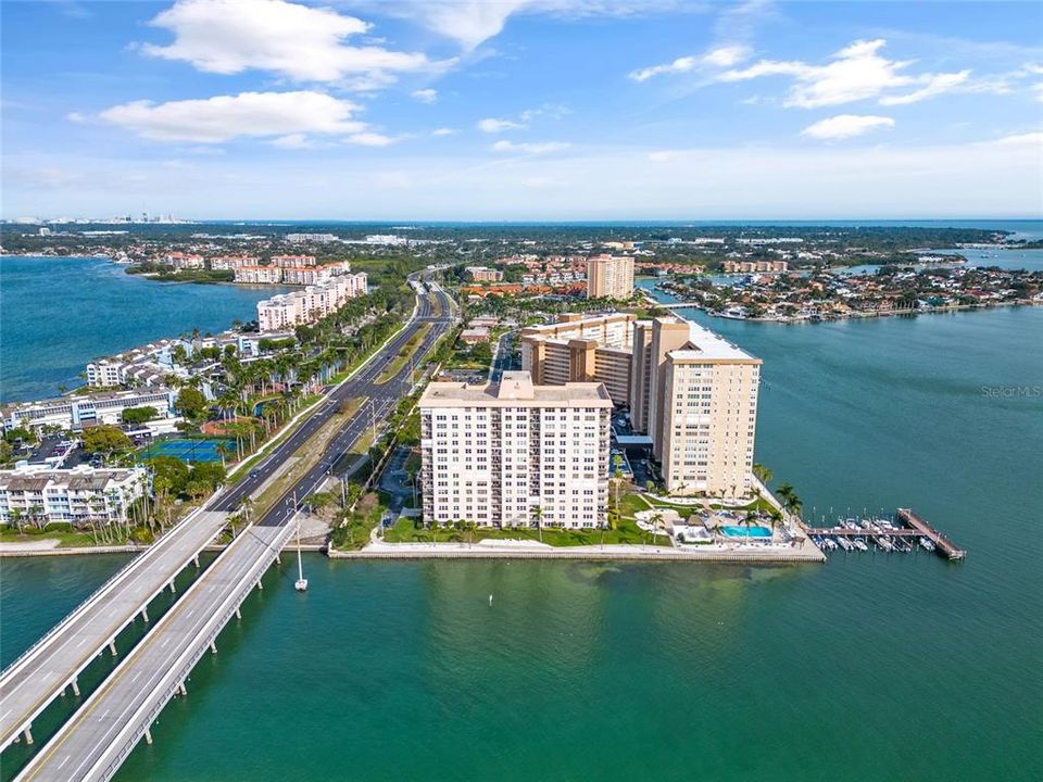 Aerial view of community facing east.  You can see downtown St Pete in the distance on the upper left side of the photo