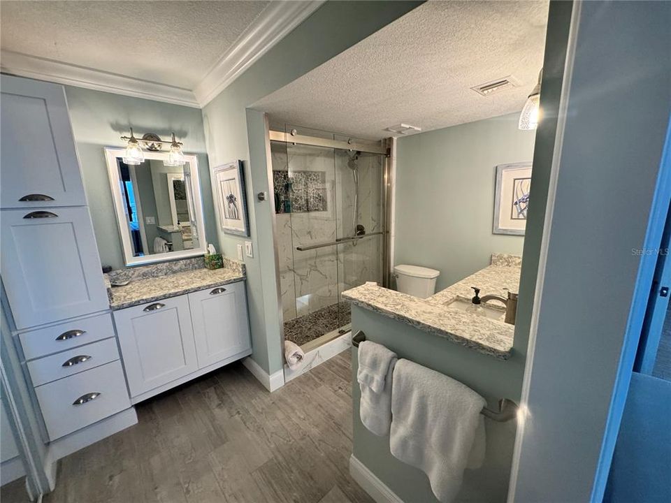 Primary Bath with shower and makeup counter. Extra Storage.