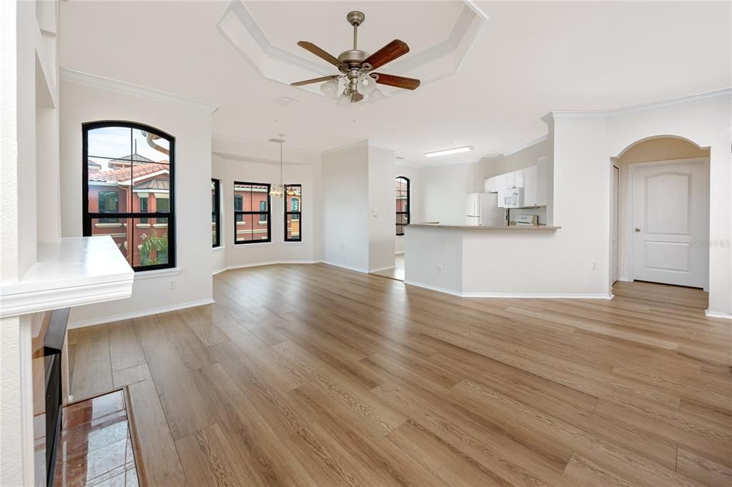 View of the living room, dining area and kitchen