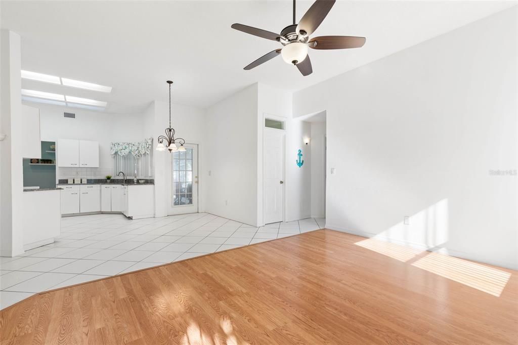 Family Room view to dinette and kitchen