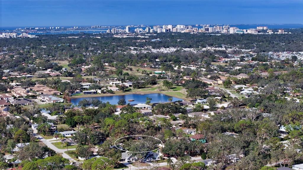 aerial from the house to downtown