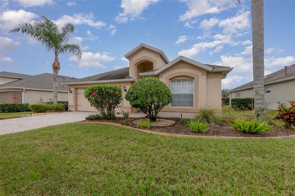 Mature landscaping with 2 majestic palms on each side.