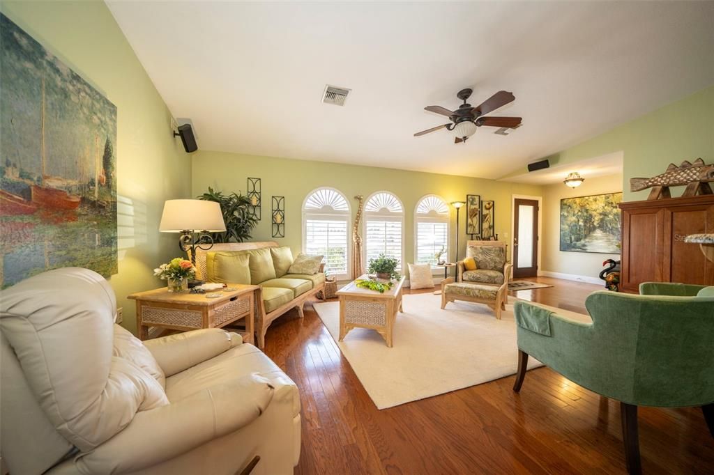 View of living room with custom plantation shutters