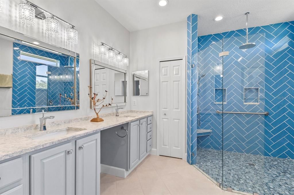 Renovated Primary Bathroom with walk-in shower and dual sinks