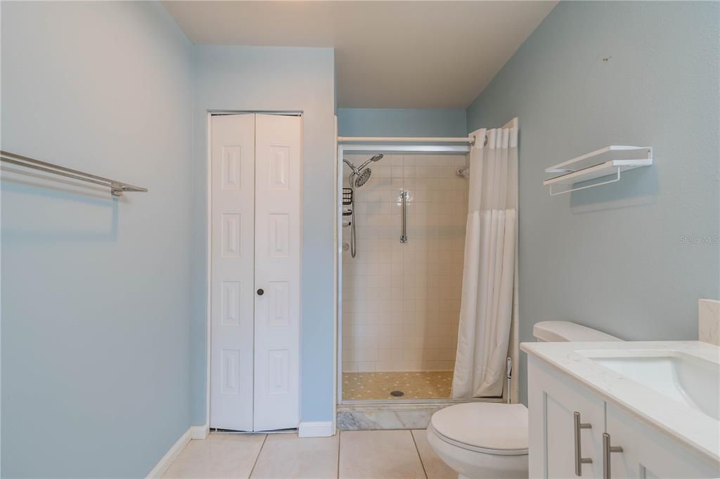 Master bathroom shower and linen closet