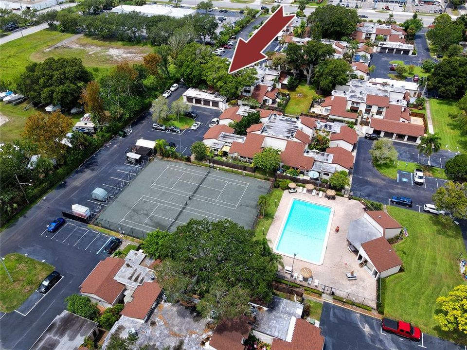 Aerial of Tennis Courts and Pool at Sunset Groves