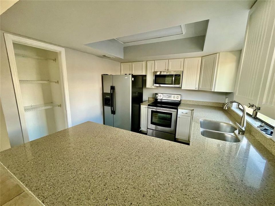 View from dining area looking over the bar counter w/ pantry closet on the left.