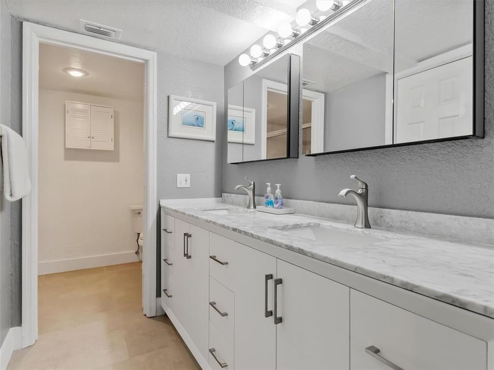 Master ensuite bathroom with separate water closet and long vanity