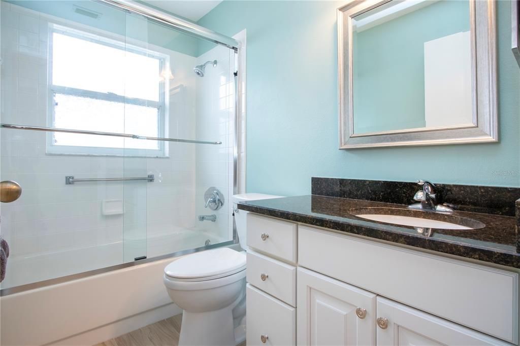 Guest Bathroom-Full tub w/glass shower doors, Granite Counter