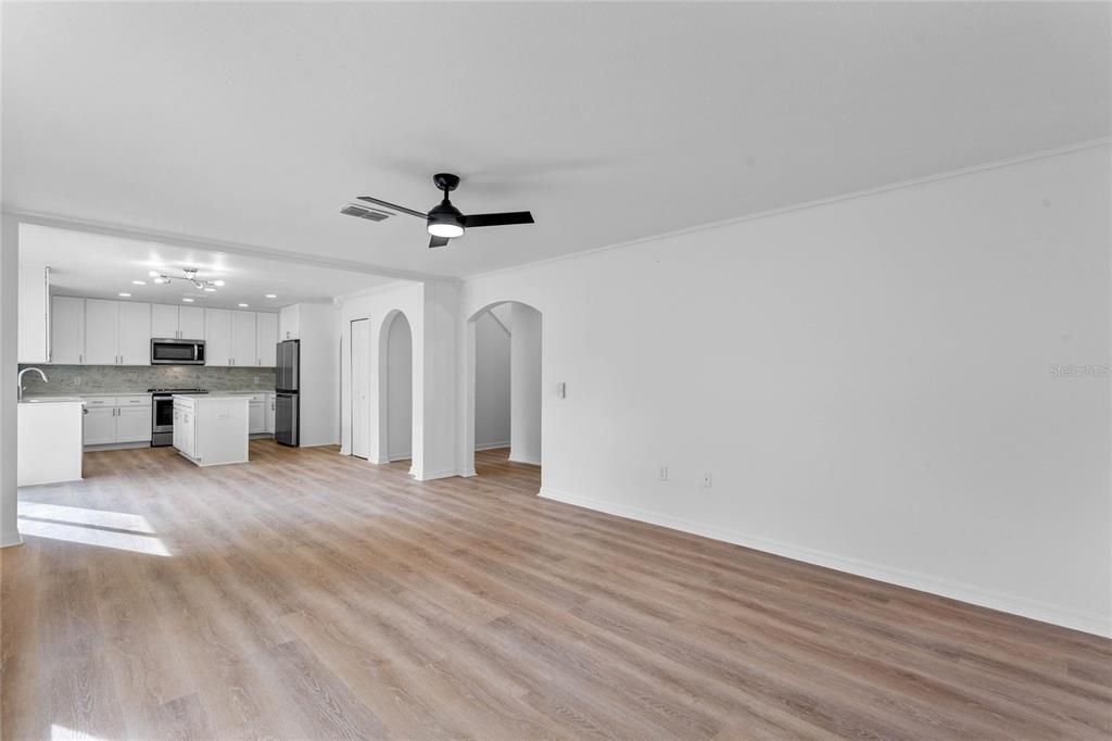 Living room and kitchen combo with large island