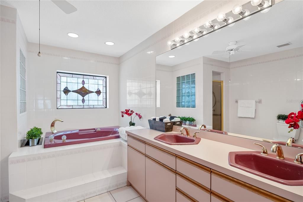 The primary bathroom is large and features a large tub and separate shower as well as a double sink vanity.