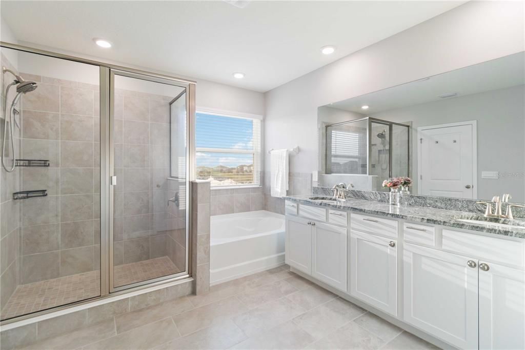 Stand-along tiled shower and large garden tub.