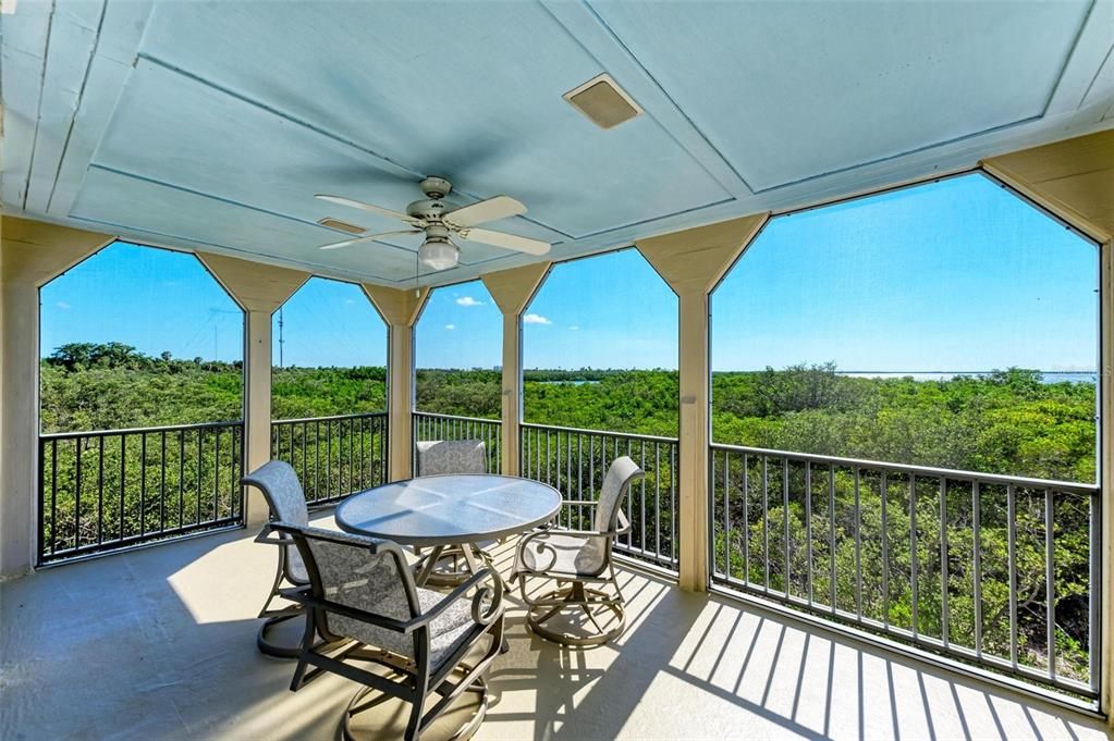 First floor large screened enclosed patio with water views