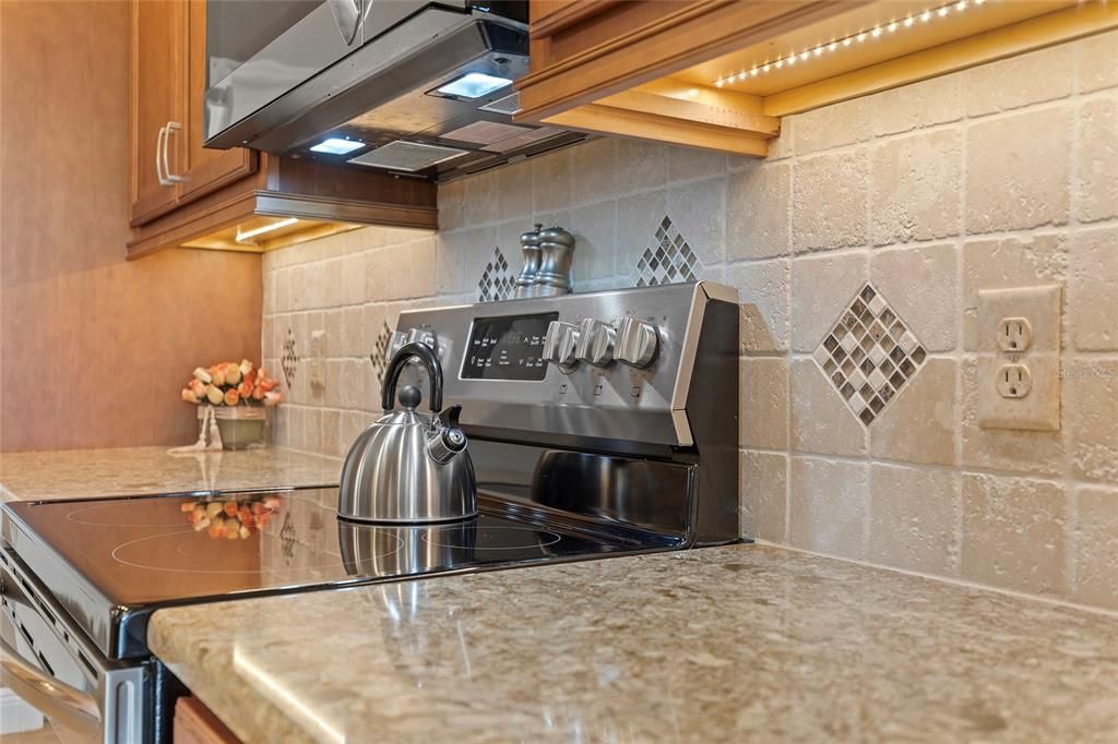 Quartz counter tops, designer backsplash with matching receptacles