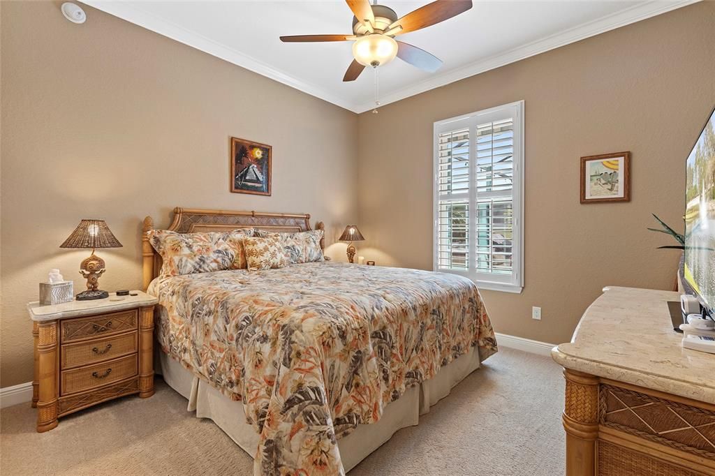 Guest bedroom with carpet, plantation shutters, crown molding, 5.25" baseboards