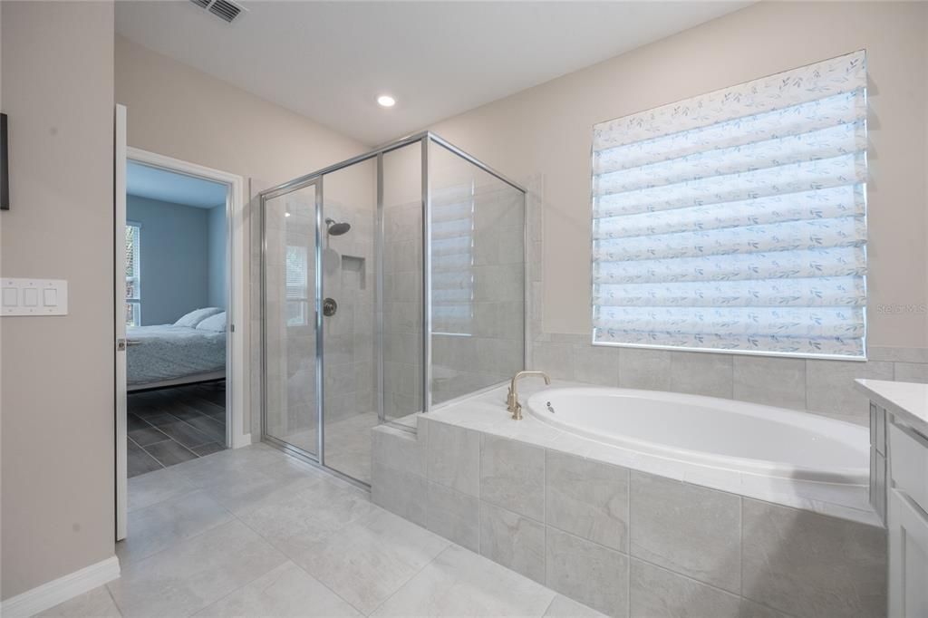 Spa-like primary bath with soaking tub and separate shower.