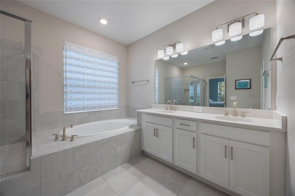 Primary bath with raised quarz counter, soaking tub and huge shower!