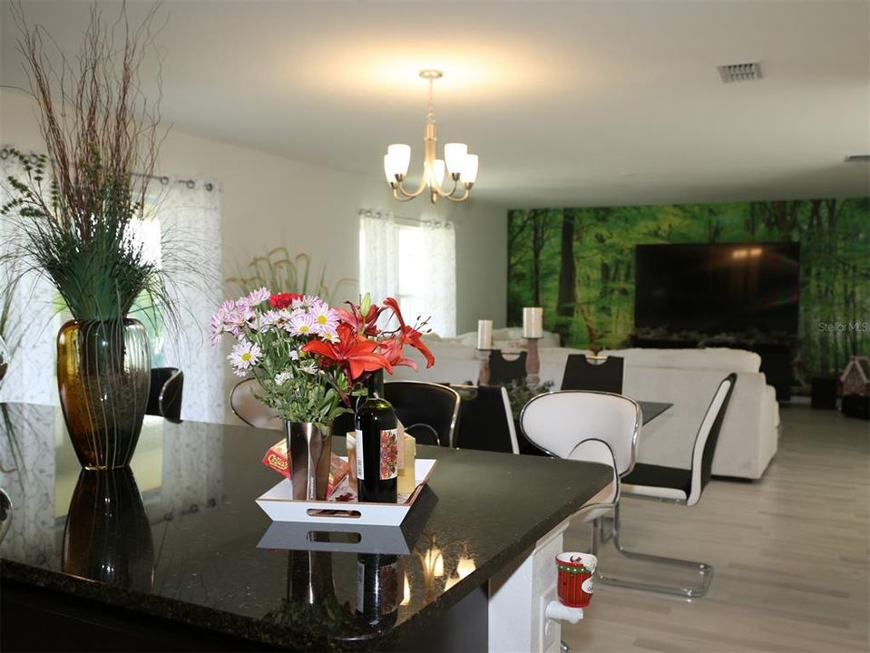 View of living room into dining, and kitchen. Sliding door goes to back lanai and big backyard