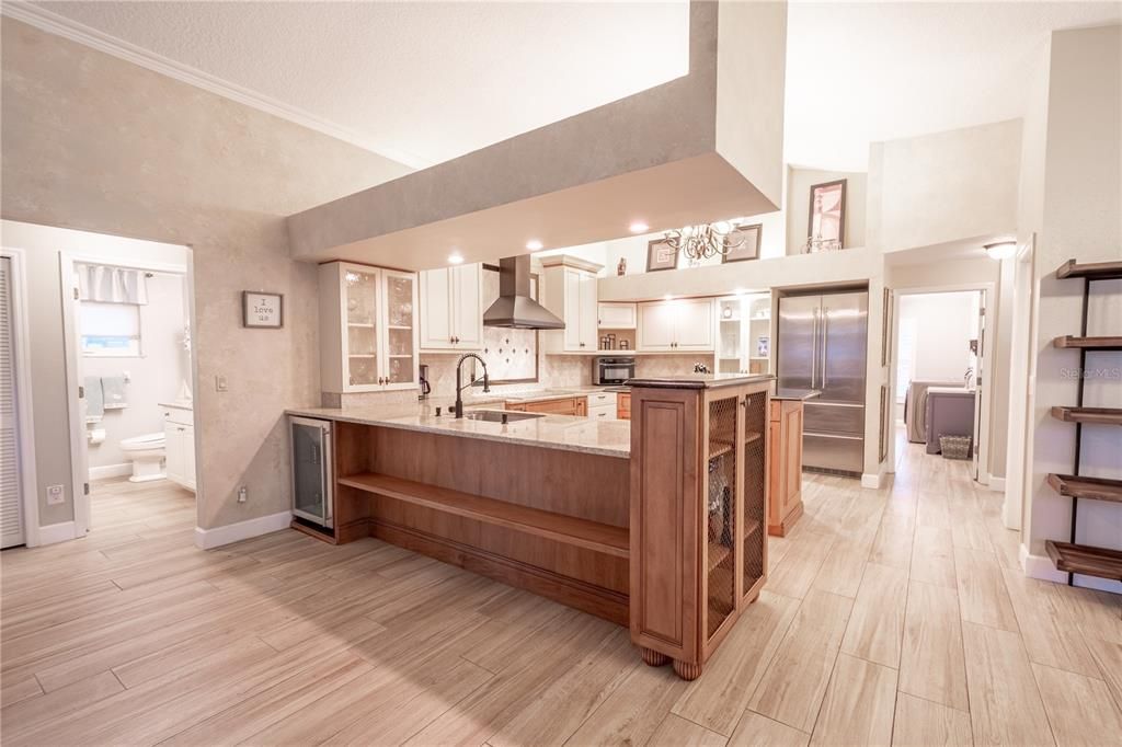 A view of the kitchen from the family room.