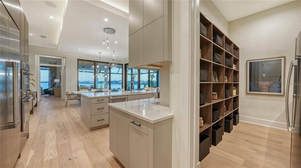 Entry to prep pantry (right) with Full refrigerator, sink and storage