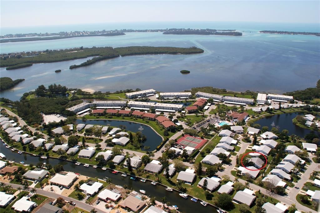 Boat docks available across the street. Villa's location highlighted in red.