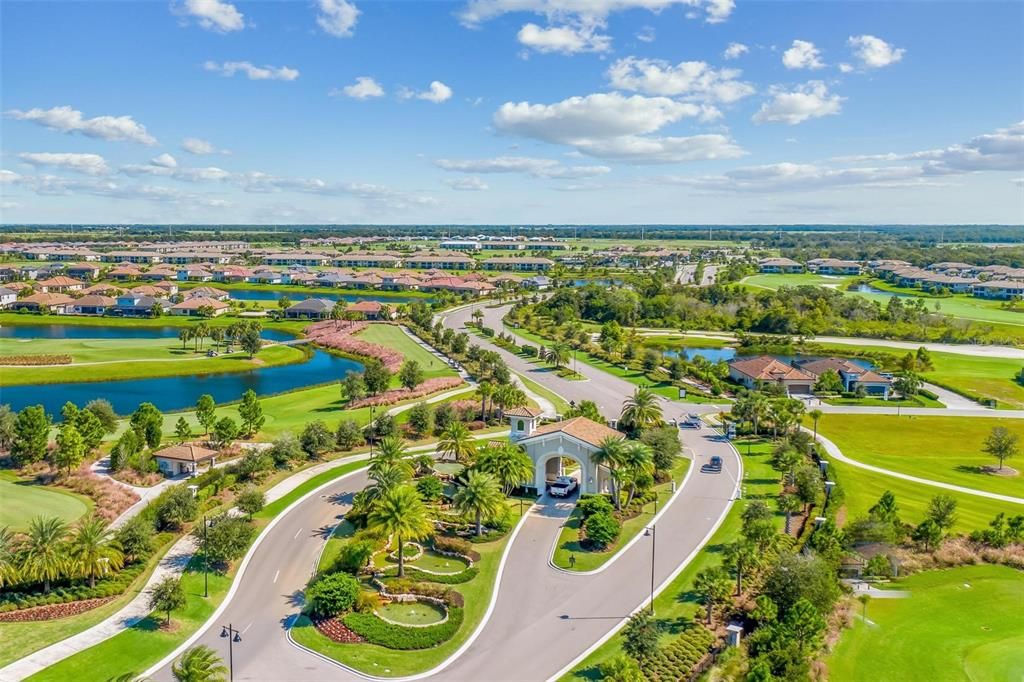 Aerial view over the Gate House and first look into the community