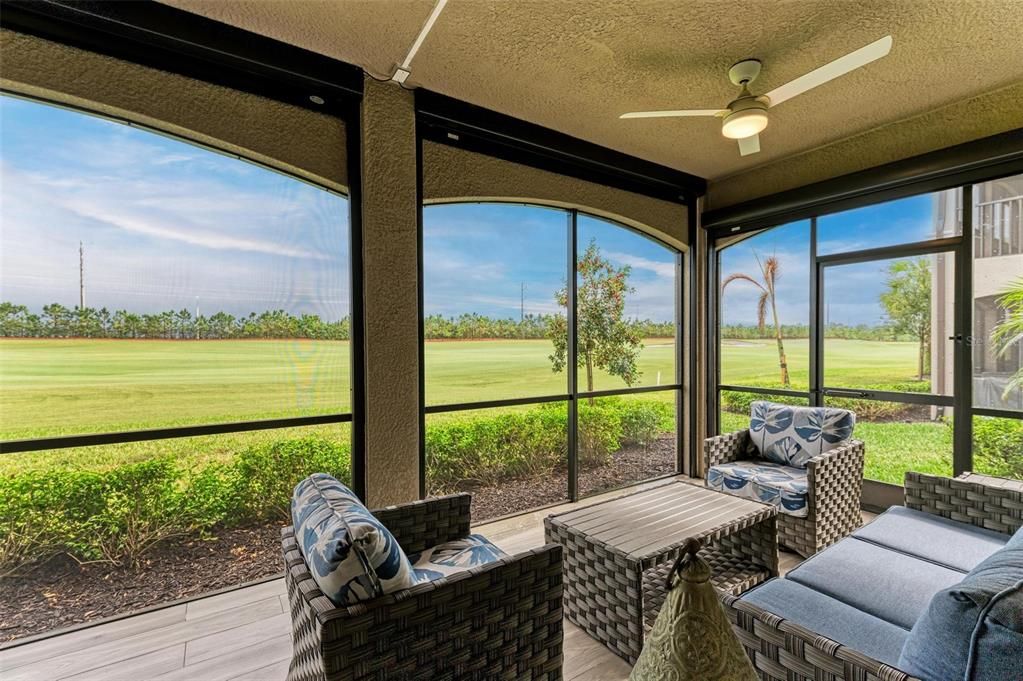 22 X 10 Lanai has a ceramic floor that makes clean up a breeze, a new fan with a light and looks on to the golf course and has motorized, hurricane proof screens that both protect and add additional privacy for the owner if you want to enjoy your coffee in your pj's