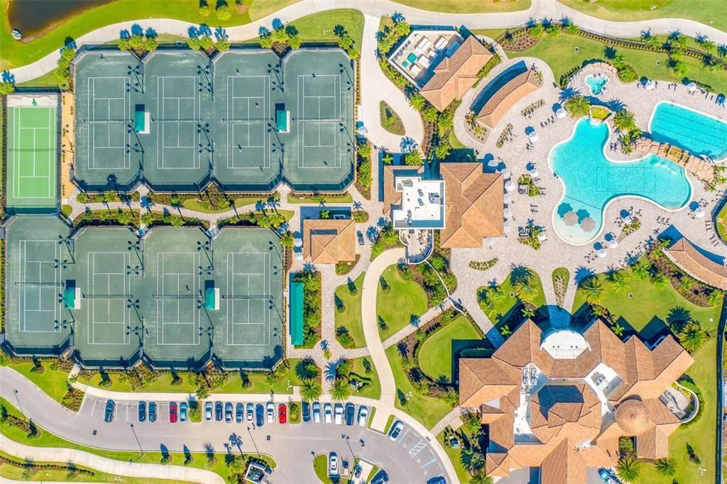 Aerial view of the Tennis Courts, Pool, Restaurant and Amenities Center