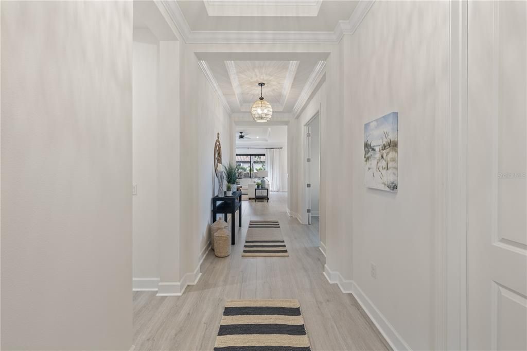 Front entry way featuring tray ceilings and crown molding.