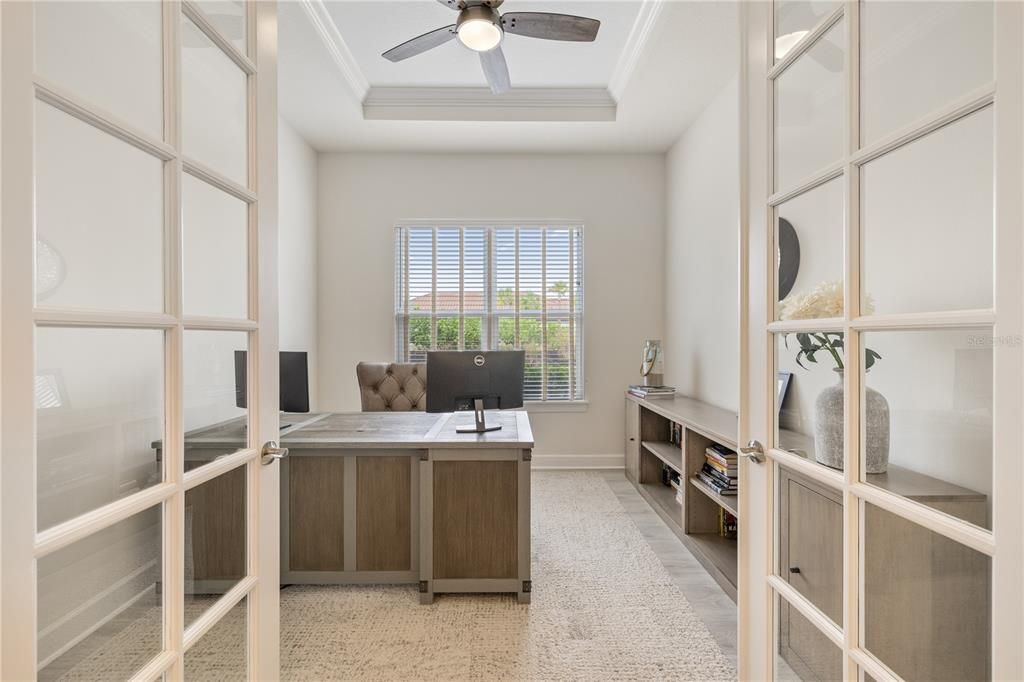 Den featuring tray ceiling and crown molding.