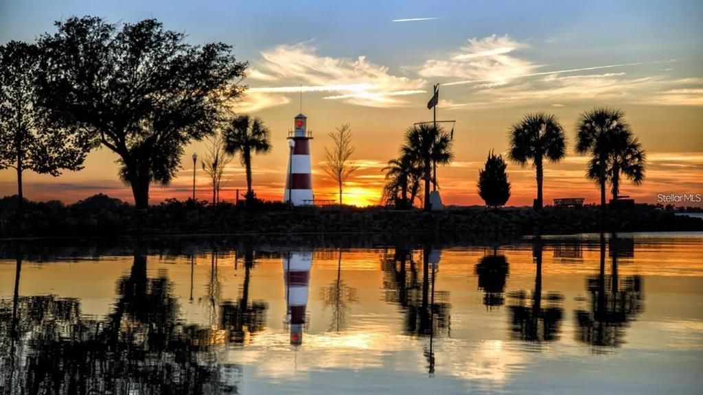 Mount Dora Light House overlooking Lake Dora, boat ramps and Marina.The Lighthouse sits on Grantham point adjacent to Gilbert Park.