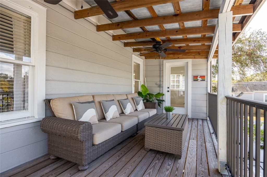 Covered balcony over looking the backyard