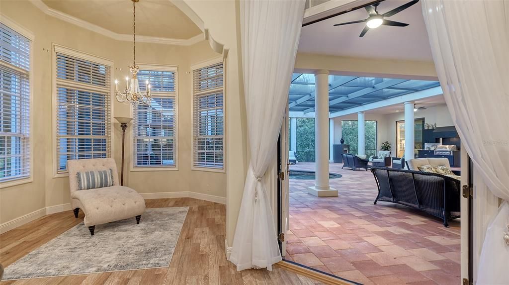 When the French doors are open, it's hard to tell where the home ends and the outdoor entertainment area begins.