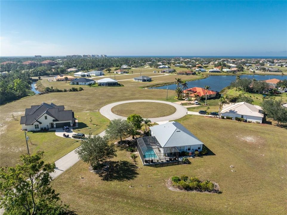 Aerial view of the home and area