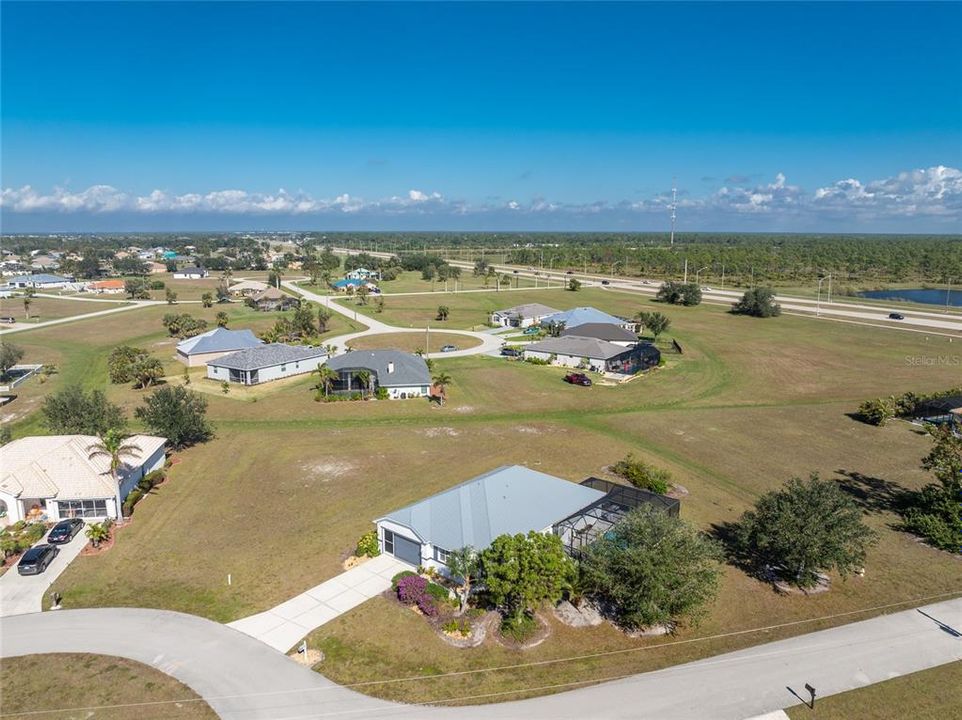 Aerial view of the home and area.