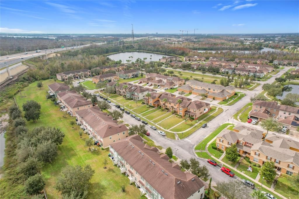 An aerial view showing the ponds in the community and the Central Florida Greeneway/417 that is convenient to the developement.