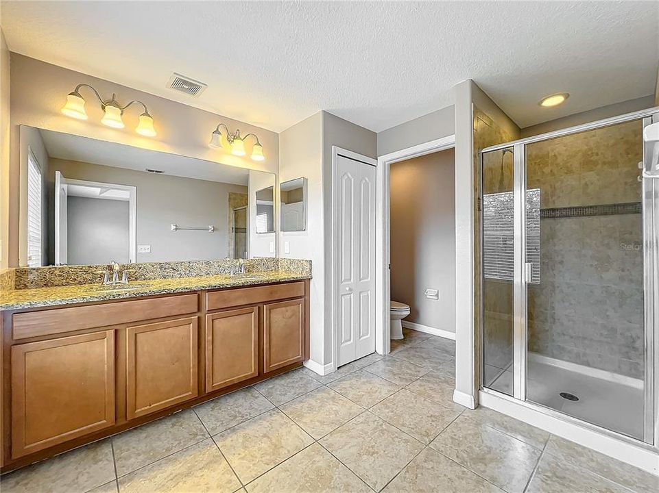 A view of the shower and water closet.