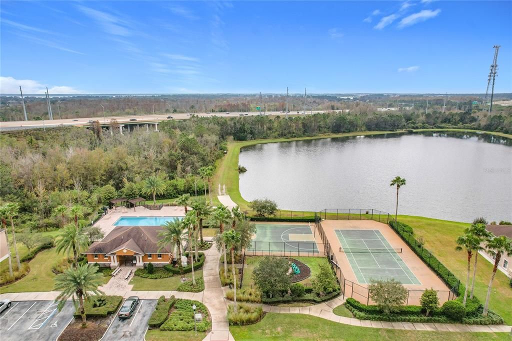 The clubhouse, community pool, playground, basketball court, and tennis court.