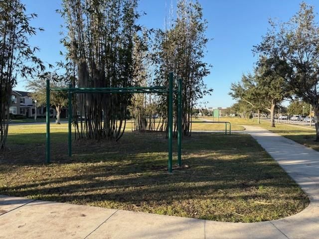 Excercise equipment is located around the park.