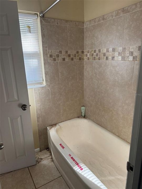 tub with shower curtain from hall bath