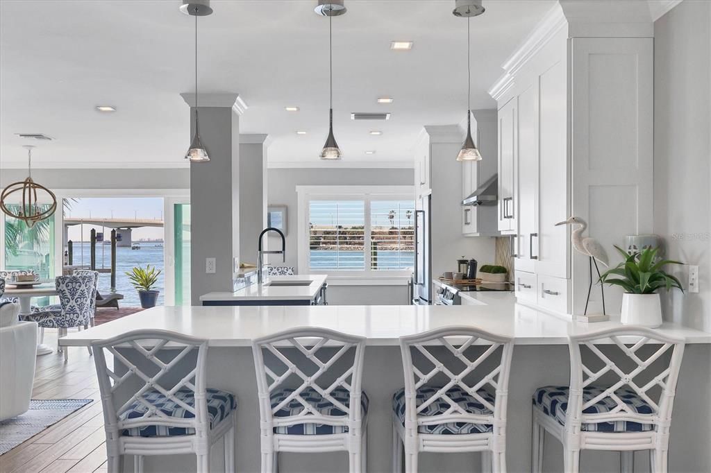 Counter space with a view of the bay and what is happening in the kitchen