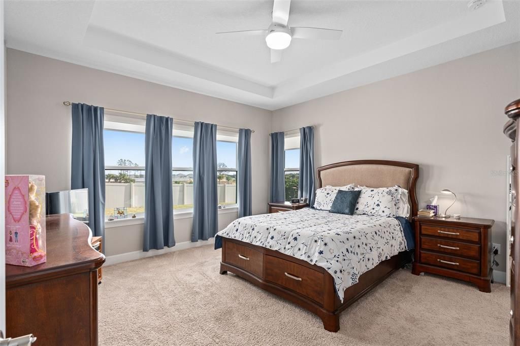 The Primary Bedroom offers a Tray Ceiling with a View of the Rear Yard and an En-Suite.