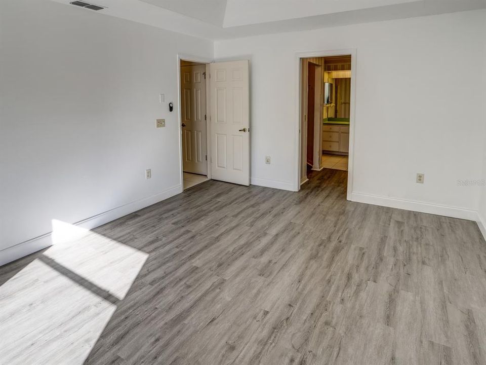 Master bedroom with tray ceilings. View into the master bathroom.