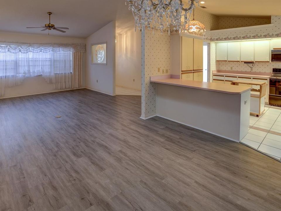 View of the open floor plan. Kitchen, dining room and family room.